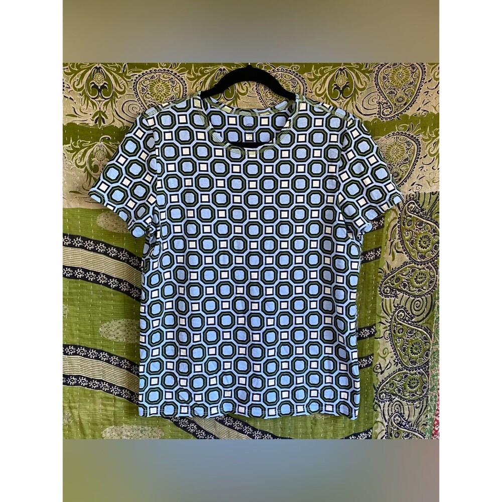 Tory Burch Louis Blue/ White/ Green Geometric Print Cotton T-Shirt Size Medium